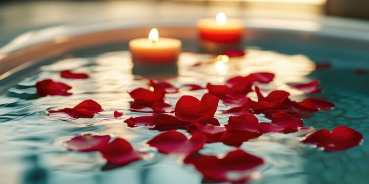 Bathtub water filled with floating red petals