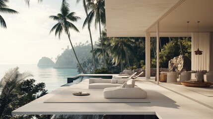Fototapeta premium Beachfront minimalist house with a simple white exterior, palm trees, and ocean views.