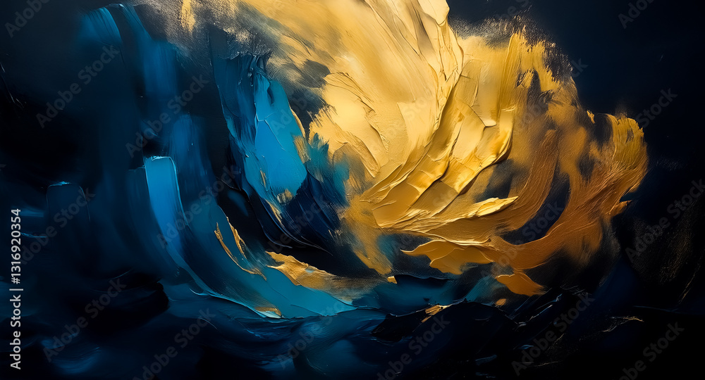 Aufkleber abstract artwork featuring dynamic, thick brushstrokes in shades of gold and blue, creating a textur