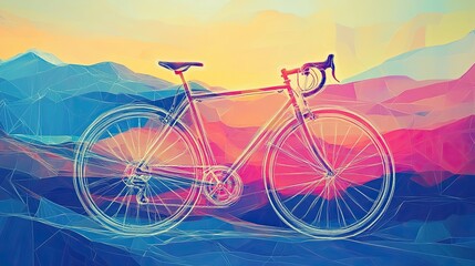 Fototapeta premium Abstract Bicycle in Colorful Polygonal Landscape at Sunset