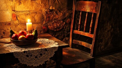 Rustic still life candlelit fruit bowl on wooden table.