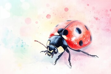 Fototapeta premium A vibrant watercolor illustration of a ladybug, showcasing its distinct red shell with black spots against a soft, colorful background.