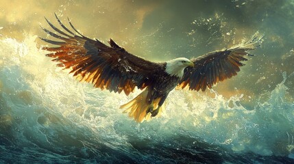 Majestic bald eagle soaring over ocean waves at sunset