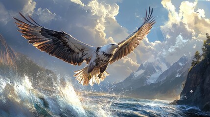 Majestic eagle soaring over ocean waves against breathtaking mountain landscape