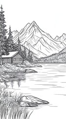 Tranquil Lake and Mountain Landscape with Cabin Outline Drawing
