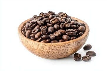 Fototapeta premium Coffee beans in a wooden bowl and a coffee-colored background on a white background with a clipping path
