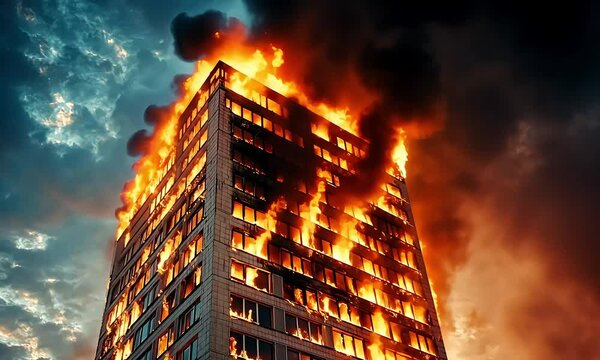  "Fire Alarm Manual System: Towering Building Consumed by Flames, Thick Smoke Rising Against a Dramatic Sky, Urging Immediate Fire Emergency Response