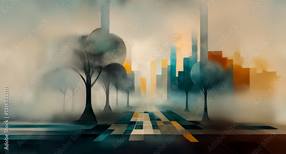 Poster abstract city landscape with trees in the foreground and buildings in the background, rendered in mu