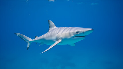 Fototapeta premium Grey Reef Shark Swimming in Blue Water