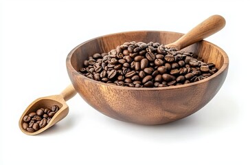 Obraz premium Coffee beans in a wooden bowl and a coffee-colored background on a white background with a clipping path