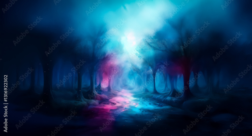 Poster Mysterious forest path at night with bright blue and pink light shining through trees creating an eerie, dreamy, and magical atmosphere.