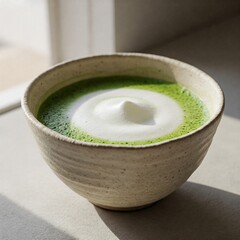ceramic matcha bowl with a delicate frothy surface, captured in soft, natural light.
