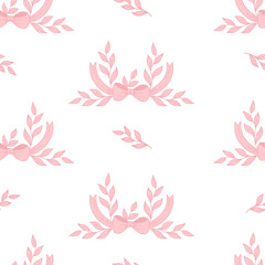 Vintage Coquette Seamless Pattern Pink Ribbon Bow with Plants. Romantic Girly Vibe