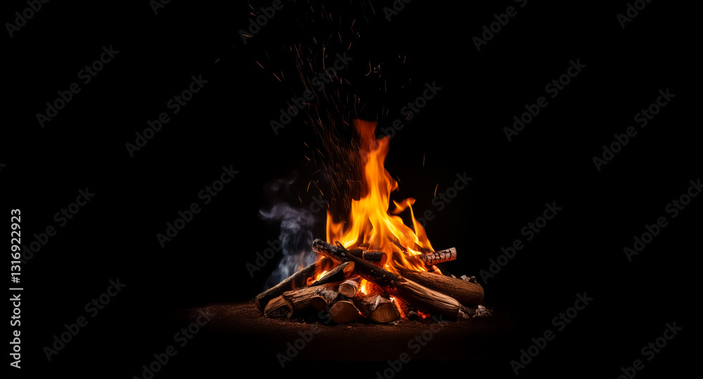 Poster vibrant flames rise from a neatly stacked bonfire, casting a warm glow in the dark night as embers f