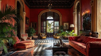 Luxurious vintage living room with classic decor and indoor plants