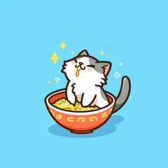 Naklejka premium Cute Cat Eats Noodle Bowl