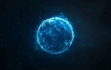 Obraz premium Glowing blue energy planet in outer space with cosmic gas and stardust 