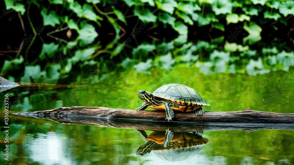 Poster turtle resting on log in lush green pond, tranquil nature scene. wildlife tranquility.