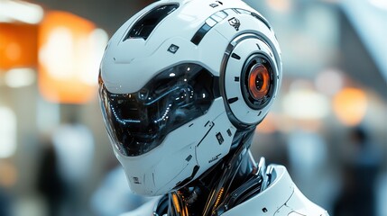 Fototapeta premium Futuristic white robotic head with orange details in a blurred background
