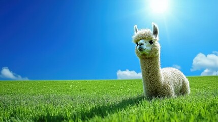 Obraz premium A fluffy llama stands in a green field under a bright blue sky, with sunlight and a few clouds creating a serene pastoral scene.