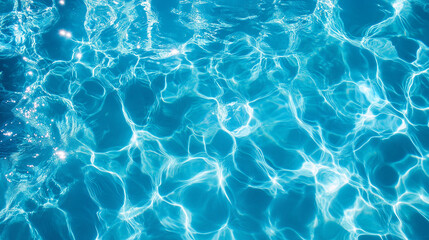 Sunlight reflecting in clear blue swimming pool water with rippling wave patterns
