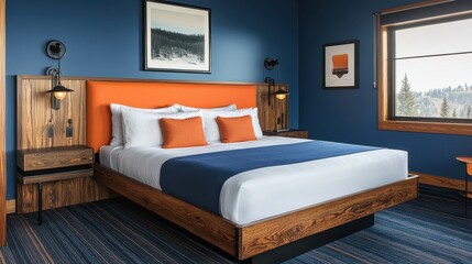 Sleek wooden bed frame with an integrated headboard and nightstands in a contemporary bedroom