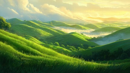 Obraz premium Serene sunrise over rolling green hills and fog-filled valleys.