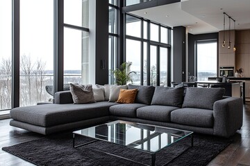 Fototapeta premium A modern mid century modern interior design in the living room with large windows, black rugs, and dark gray sofas. Generative AI 