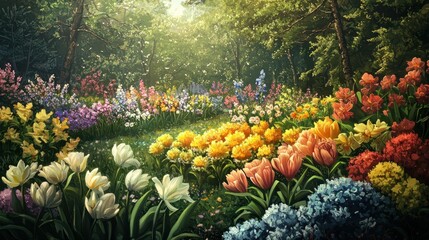 Obraz premium Sunlit magical forest garden with colorful flowers.