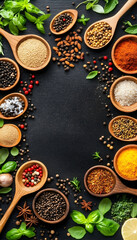 Assorted spices and herbs arranged in a circular pattern on a dark surface