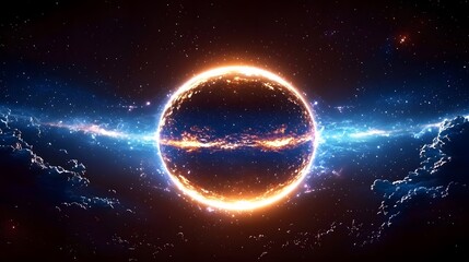 Obraz premium Luminous planet suspended in the sky radiating cosmic light against a dark and enigmatic space background