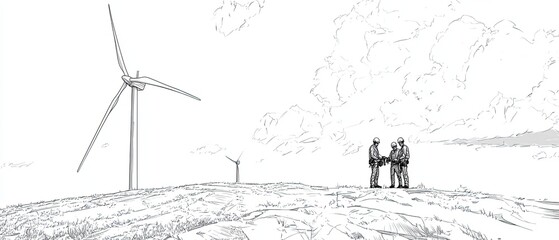 Two Technicians Discussing Wind Turbine Maintenance in Landscape