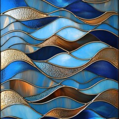 Abstract blue and gold wave stained glass pattern.