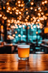 Refreshing craft beer in a glass on a wooden table with bokeh lights creating a warm and inviting atmosphere perfect for a relaxing evening