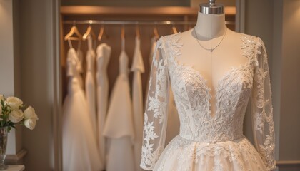 Elegant wedding dress with intricate lace design displayed in bridal boutique showroom