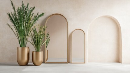 Fototapeta premium Stylish gold-framed mirrors leaning against a neutral wall, reflecting natural light