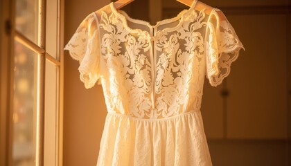 Obraz premium Elegant Lace Dress Hanging in Soft Natural Light, Perfect for Bridal Wear and Romantic Occasions