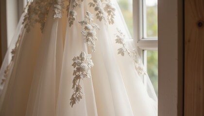 Elegant Wedding Dress with Intricate Floral Embroidery Captured by the Window Light