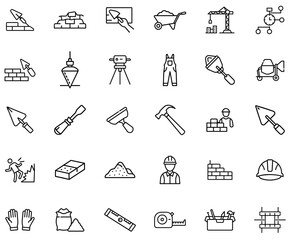 Construction and Building Icons Set &ndash; Tools, Brickwork, Architecture, Engineering, Masonry, Safety Equipment, Heavy Machinery, Infrastructure, Urban Development, Construction Site, Outline Vector Icon