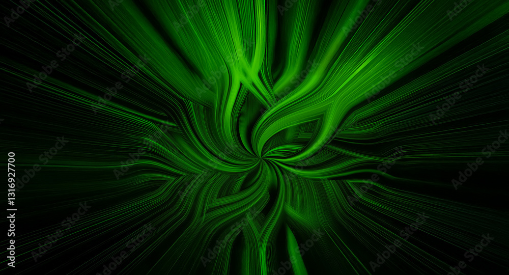 Poster Abstract image: green swirls radiate from the center on a dark background. Dynamic, energetic visual effect with flow and motion.