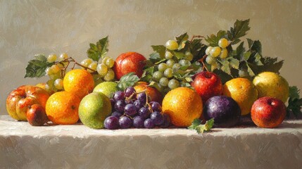 Still life painting of assorted fruits including oranges, grapes, apples, and plums.