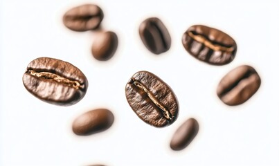 Coffee beans floating against a white background