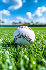Baseball rests in lush green grass under a bright sunny sky