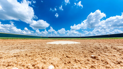 Baseball pitchers mound under a bright sunny sky  A baseball rests nearby