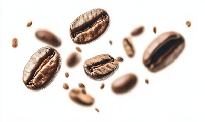Fototapeta premium Coffee beans floating against a white background