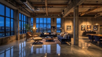 Fototapeta premium Modern loft apartment with city view, exposed beams, concrete floors, and stylish furniture.