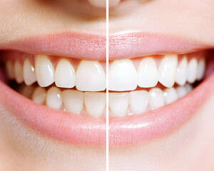 Before  after teeth whitening showcasing a brighter whiter smile  Gums and lips appear healthy and pink