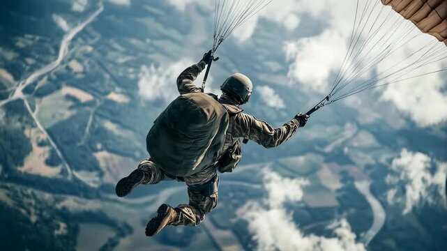 Paratrooper descending over scenic landscape during daytime operation with clouds highlighting the vast terrain below