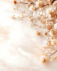 Beige marble background adorned with delicate creamy blossoms and golden accents arranged artfully in a corner
