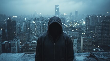 Mysterious man in a black hoodie, face fully hidden, standing on a rooftop overlooking a city at night, moody and cinematic vibe